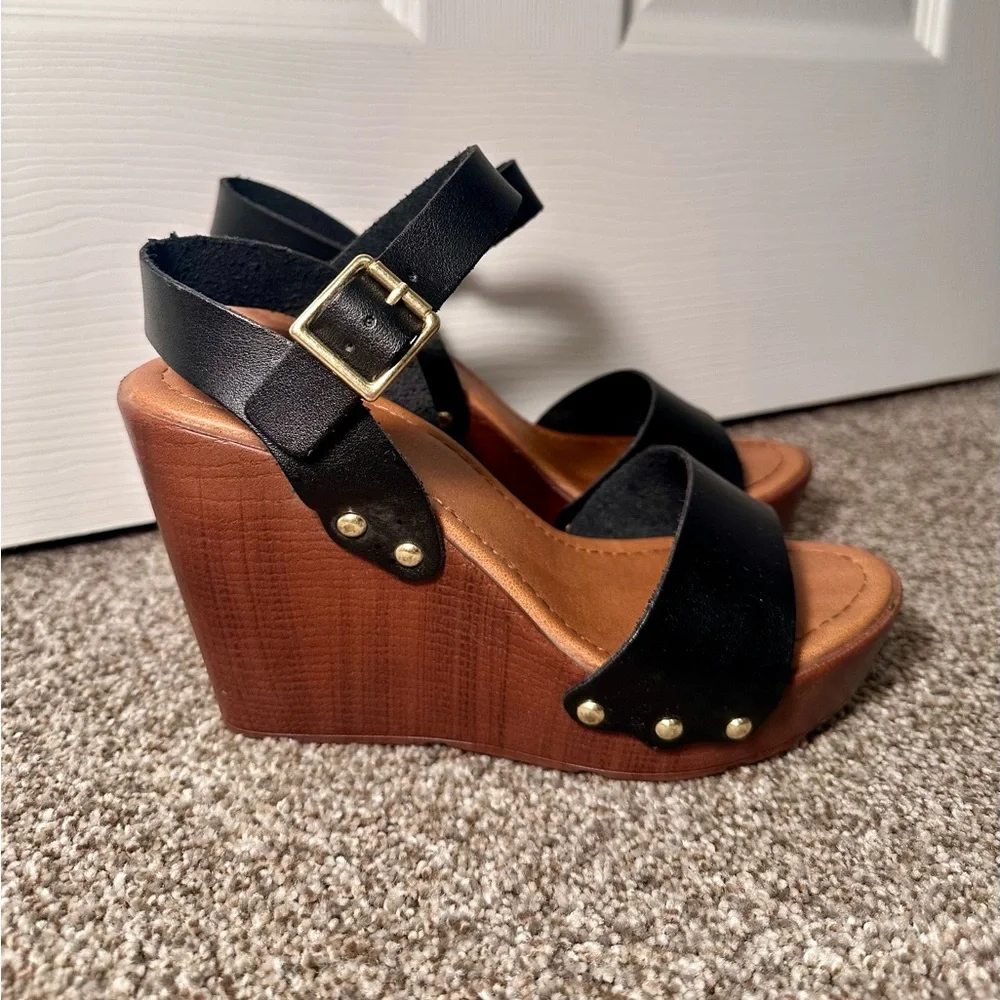 Soda Black and Tan Wedge Sandals